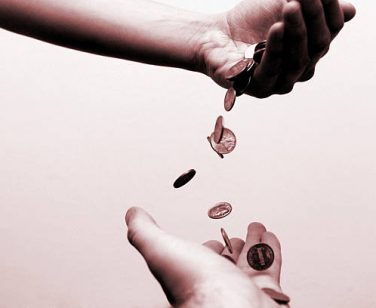 Money falling from one hand to another. Could conceptually represent taxes, inflation, charity, "pennies from heaven," inheritance or any type of wealth transference.